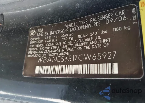 2007 BMW 525I z USA, uszkodzony, nr VIN WBANE53517CW65927